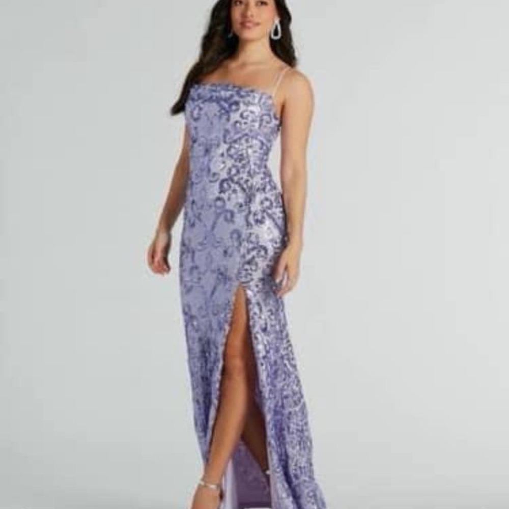 Windsor Purple Sequin Gown with Strapless Neckline and High Slit for Prom